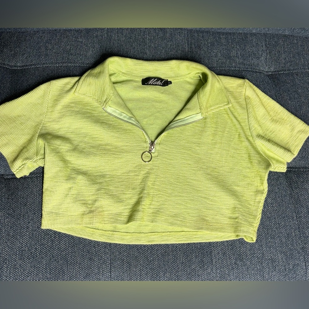 Mesh Lime Green Super Cropped Zip Polo Top